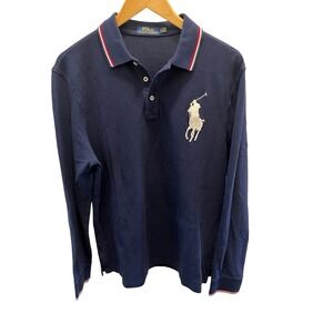 Polo Ralph Lauren Big Pony Long Sleeve Shirt Navy Blue Mens Contrast Tipping L